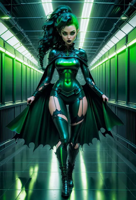 cowboy shot, heroic viking witch, (muscular:1.3), , iridescent forest green hair, low-tied long hairleather cape, faceplant, caucasian, on a ghostly, post-apocalyptic train, in a fairy tale, modern greenhouse, bombshell hair, deep black hair, side ponytail, leaning forward