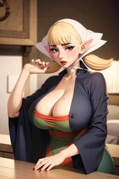 <lora:peatricev1:0.7>, 1girl, breasts, mole, solo, pointy ears, cleavage, red nails, blonde hair, blush, sweat, large breasts, mole on breast, twintails, heart, looking at viewer, makeup, nail polish, dress, bangs, red lips, lipstick