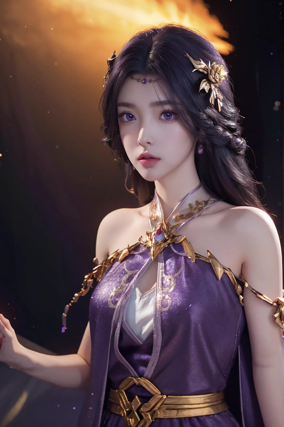 (Best Quality, Masterpiece:1.4), (Realism:1.2), (Realisitc:1.2), (Absurdres:1.2), (photorealistic:1.3), Realistic Skin,Solo,( Very Big Eyes,beautiful detailed eyes, symmetric eyes,), ((cowboy shot)),1girl,solo,
breathtaking <lora:SNyunxi:0.8>,yunxi,1girl,hair ornament,solo,dress,long hair,black hair,white background,upper body,Solid gold hair accessories,Gold flower headdress,purple dress,jewelry,purple eyes,looking at viewer,expressionless,blue dress,bare shoulders,simple background,see-through,(meteor shower:1.3),purple hair, . award-winning, professional, highly detailed, best quality , masterpiece, illustration, an extremely delicate and beautiful, extremely detailed ,CG,unity,8k wallpaper, Amazing, finely detail, masterpiece, best quality,official art,extremely detailed CG unity 8k wallpaper,absurdres, incredibly absurdres, huge filesize , ultra-detailed, highres, extremely detailed,beautiful detailed girl, extremely detailed eyes and face, beautiful detailed eyes,light on face,