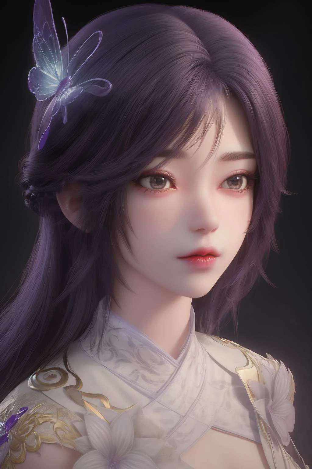 <lora:ZWyunxi:1>,yunxi,1girl,hair ornament,purple hair,solo,long hair,Butterfly tiara,white background,simple background,dress,portrait,teeth,looking to the side,
<lora:Detail Tweaker LoRA (ç»èè°æ´):0.4>,black background,, best quality , masterpiece, illustration, an extremely delicate and beautiful, extremely detailed ,CG,unity,8k wallpaper, Amazing, finely detail, masterpiece, best quality,official art,extremely detailed CG unity 8k wallpaper,absurdres, incredibly absurdres, huge filesize , ultra-detailed, highres, extremely detailed,beautiful detailed girl, extremely detailed eyes and face, beautiful detailed eyes,light on face,