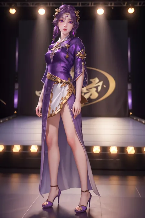 8k,highres,absurdres,masterpiece,best quality,original,extremely detailed CG,extremely detailed wallpaper,perfect lighting,<lyco:GoodHands-beta2:1>,
1girl,solo,blurry_background,looking_at_viewer,standing on the stage,
<lora:SNyunxi:0.7> purple hair,yunxi,jewelry,dress,hair ornament,earrings,braid,