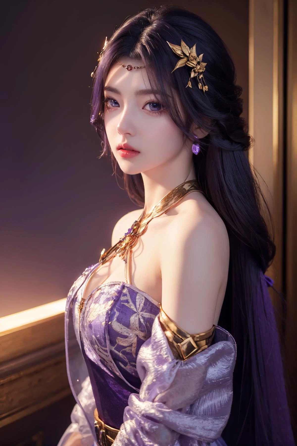 (Best Quality, Masterpiece:1.4), (Realism:1.2), (Realisitc:1.2), (Absurdres:1.2), (photorealistic:1.3), Realistic Skin,Solo,( Very Big Eyes,beautiful detailed eyes, symmetric eyes,), ((cowboy shot)),1girl,solo,
breathtaking <lora:SNyunxi:0.6>,yunxi,1girl,hair ornament,solo,dress,long hair,black hair,Solid gold hair accessories,Gold flower headdress,purple dress,jewelry,purple eyes,looking at viewer,expressionless,blue dress,bare shoulders,see-through,purple hair, illustration, an extremely delicate and beautiful, extremely detailed ,CG,unity,8k wallpaper,