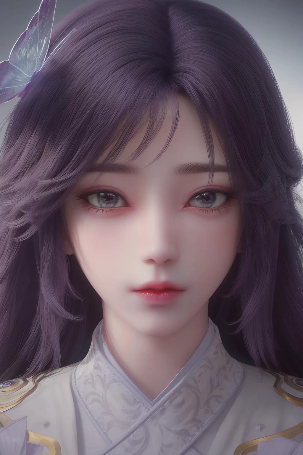 <lora:ZWyunxi:1>,yunxi,1girl,hair ornament,solo,long hair,white background,purple hair,Butterfly tiara,flower,simple background,upper body,dress,blue hair,realistic,portrait,
<lora:Detail Tweaker LoRA (ç»èè°æ´):0.4>,black background,, best quality , masterpiece, illustration, an extremely delicate and beautiful, extremely detailed ,CG,unity,8k wallpaper, Amazing, finely detail, masterpiece, best quality,official art,extremely detailed CG unity 8k wallpaper,absurdres, incredibly absurdres, huge filesize , ultra-detailed, highres, extremely detailed,beautiful detailed girl, extremely detailed eyes and face, beautiful detailed eyes,light on face,