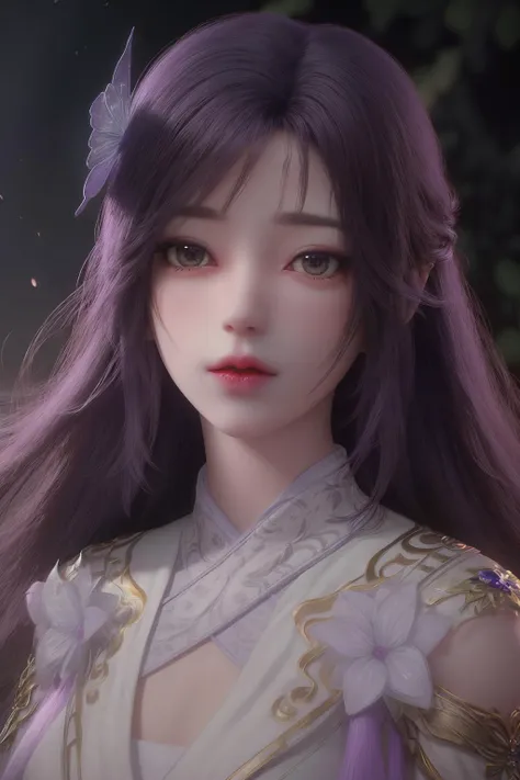 <lora:ZWyunxi:1>,yunxi, 1girl, hair ornament, long hair, solo, upper body, dress, flower, night, looking at viewer, fireflies, blurry background, hair flower, white dress, tree, blurry, purple hair
<lora:Detail Tweaker LoRA (ç»èè°æ´):0.4>,black background,, best quality , masterpiece, illustration, an extremely delicate and beautiful, extremely detailed ,CG,unity,8k wallpaper, Amazing, finely detail, masterpiece, best quality,official art,extremely detailed CG unity 8k wallpaper,absurdres, incredibly absurdres, huge filesize , ultra-detailed, highres, extremely detailed,beautiful detailed girl, extremely detailed eyes and face, beautiful detailed eyes,light on face,