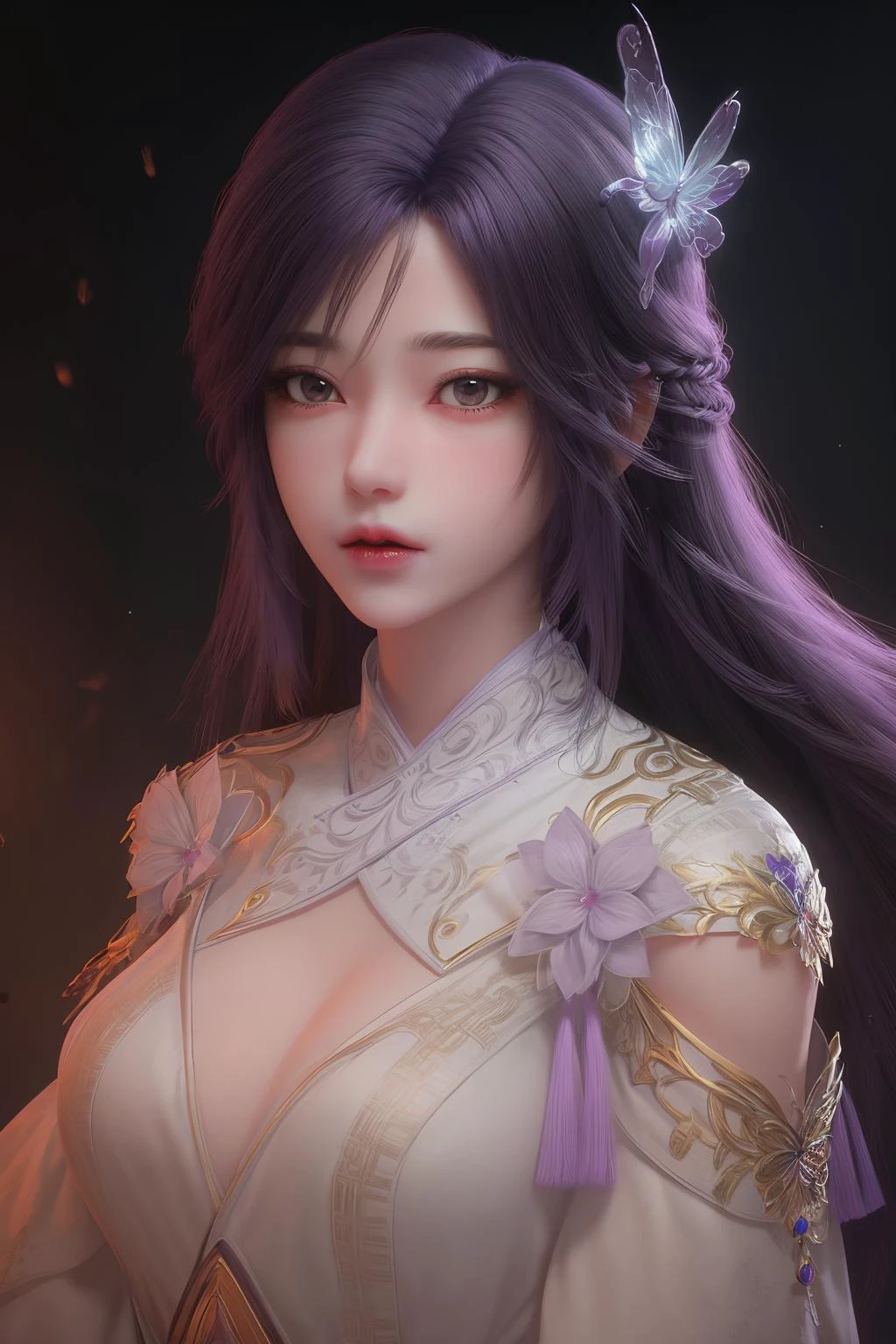 <lora:ZWyunxi:1>,yunxi,1girl,hair ornament,solo,long hair,white background,purple hair,Butterfly tiara,flower,simple background,upper body,dress,blue hair,realistic,portrait,
<lora:Detail Tweaker LoRA (ç»èè°æ´):0.4>,black background,, best quality , masterpiece, illustration, an extremely delicate and beautiful, extremely detailed ,CG,unity,8k wallpaper, Amazing, finely detail, masterpiece, best quality,official art,extremely detailed CG unity 8k wallpaper,absurdres, incredibly absurdres, huge filesize , ultra-detailed, highres, extremely detailed,beautiful detailed girl, extremely detailed eyes and face, beautiful detailed eyes,light on face,