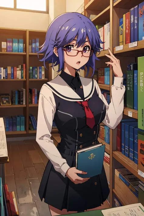 masterpiece, best quality, KazukiHana, short hair, glasses, school uniform, red necktie, black skirt, library, looking at viewer, holding book, surprised, :o  <lora:CHAR-KazukiHana:0.9>