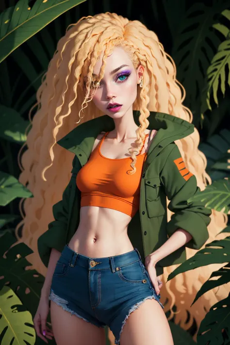 debbieb3rry, in jungle, long curly blonde hair, green jacket, orange shirt, torn jeans, purple lips, (intricate details), perfect eyes, perfect face, perfect lighting, beautiful, (masterpiece:1.2), (best quality:1.2)