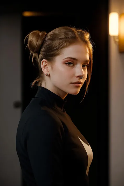 an eye contact of a blond with bun hair and dark theme <lora:katyasitakv1-000018:1> katyasitak