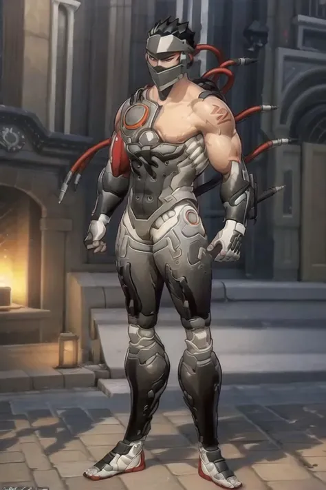 blackwatch genji, concept art, clean, ultra detailed, [full body, full length], (city bacground:0.7), <lora:blackwatch_genji3:1>
