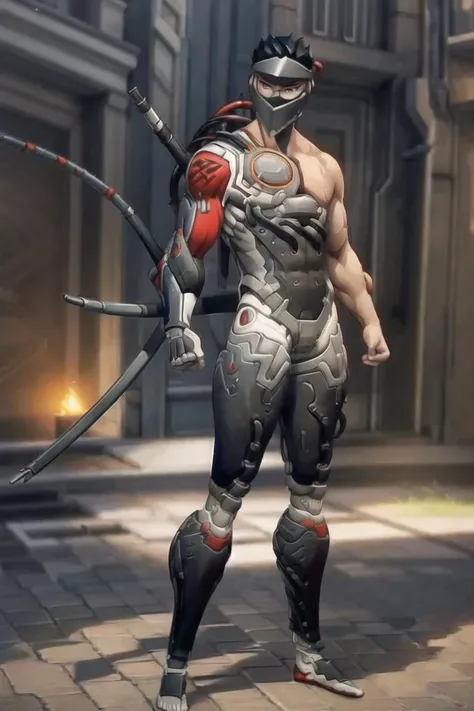 blackwatch genji, concept art, clean, ultra detailed, [full body, full length], (city bacground:0.7), <lora:blackwatch_genji3:1>
