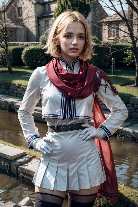 (realistic:1.3), finely detailed, quality, rembrandt lighting, (masterpiece:1.2), (photorealistic:1.2), (best quality), (detailed skin:1.3), (intricate details), dramatic, ray tracing, 1girl, elena stoddart, 21 years old, detailed skin texture, (blush:0.5), (goosebumps:0.5), subsurface scattering, smiling, medium breasts, short hair, blonde hair, bangs, hair between eyes, purple scarf, coat, white skirt, pleated shirt, white gloves, black thighhighs, cowboy shot, hand on hip, (bright sunny day, medieval village far away, river, trees, grass, sky), <lora:yselena-nvwls-v1:1>