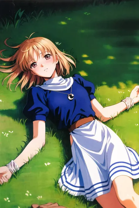 masterpiece,best quality,highres,<lora:yselena-nvwls-v1:0.8>,elena stoddart,bracelet,pendant,blue shirt,puffy sleeves,belt,white skirt,looking at viewer,outdoors,animification,1990s \(style\),oil painting \(medium\),on grass,savannah,lying,shy,blush,<lora:GoodHands-beta2:0.5>,