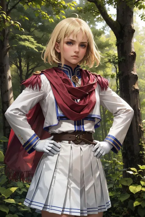 masterpiece, best quality, <lora:yselena-nvwls-v1-000010:0.9> elena stoddart, purple scarf, coat, white skirt, pleated shirt, white gloves, looking at viewer, furrowed brow, serious, cowboy shot, hands to hips, forest