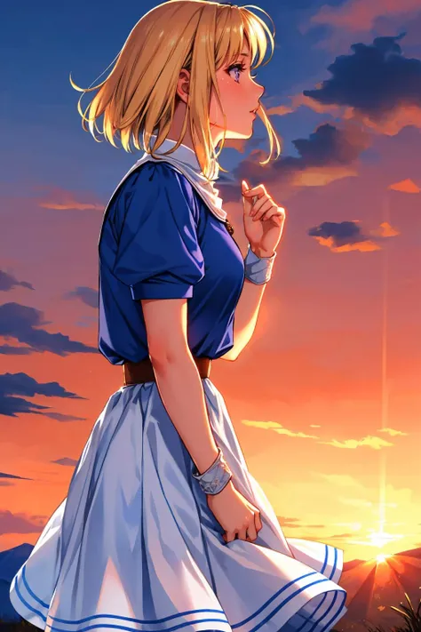 masterpiece, best quality, <lora:yselena-nvwls-v1-000010:0.9> elena stoddart, bracelet, pendant, blue shirt, puffy sleeves, belt, white skirt, from side, looking up, sky, sunset, cowboy shot