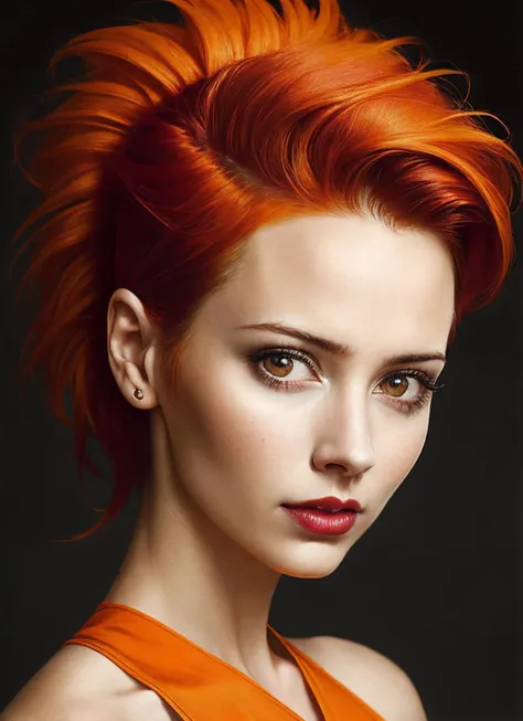 portrait of sks woman by Flora Borsi, style by Flora Borsi, bold, bright colours, orange Mohawk haircut, ((Flora Borsi)), <lora:locon_amyacker_v1_from_v1_64_32:1>