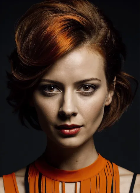 portrait of sks woman by Flora Borsi, style by Flora Borsi, bold, bright colours, orange Mohawk haircut, ((Flora Borsi)), <lora:locon_amyacker_v1_from_v1_64_32:1>