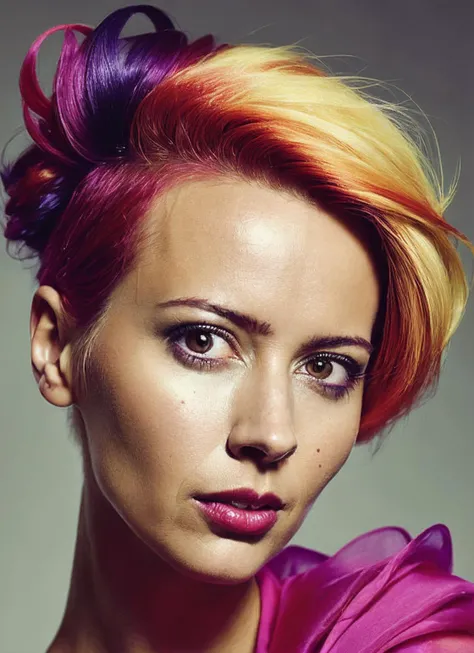 portrait of sks woman by Flora Borsi, style by Flora Borsi, bold, bright colours, rainbow Mohawk haircut, ((Flora Borsi)), <lora:locon_amyacker_v1_from_v1_64_32:1.25>