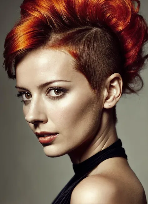 portrait of sks woman by Flora Borsi, style by Flora Borsi, bold, bright colours, orange Mohawk haircut, ((Flora Borsi)), <lora:locon_amyacker_v1_from_v1_64_32:1.25>