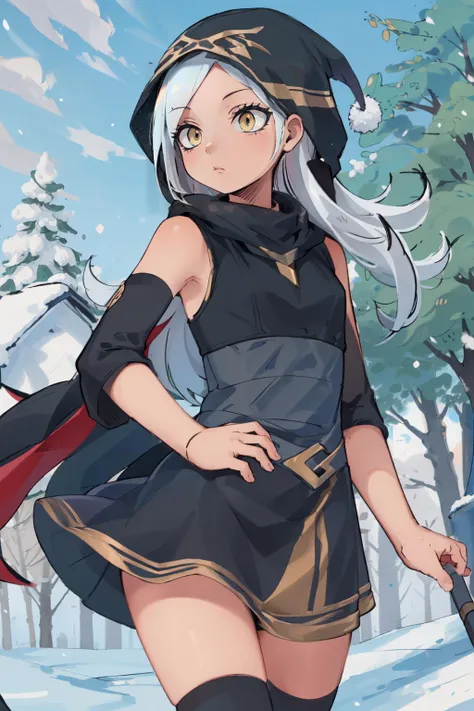 (masterpiece, best quality), intricate details,
1girl, <lyco:Ashe_LoL-000013:0.8>ashe \(league of legends\), 1girl, short dress, black dress, detached sleeves, hooded cape, thighhighs, white hair, long hair,
snowy forest, trees, winter,