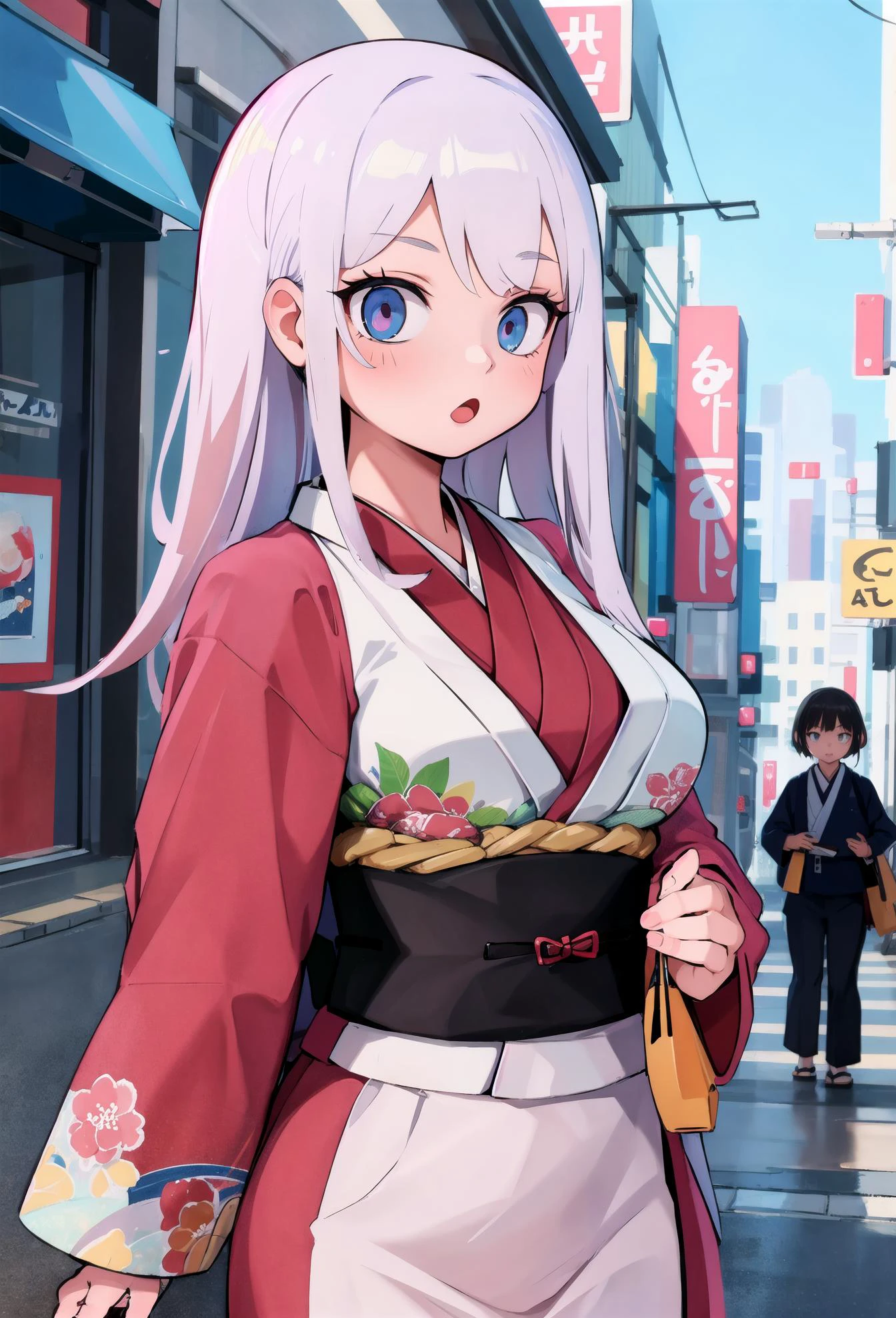 ((masterpiece, extremely detailed, 8k)), Futuristic city, beautiful 1 girl with japanese kimono, medium breasts, white hair