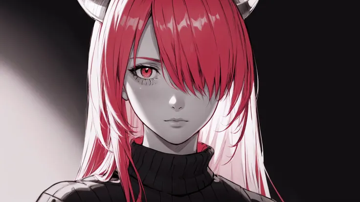 soft and warm color, movie still,bright, vivid,dreamy, evocative use of light and shadow, incredible beauty, anime style, vibrant, studio anime, beautiful, textural, ray tracing, absurdres, offical art, illustration, (((masterpiece))),(((best quality))),((ultra-detailed)), 1girl, aged_up, solo, looks at the viewer, <lora:LucyV1:0.8>, 1girl, solo, long hair, horns, red eye, pink hair,red hair, ((hair over one eye:1.4)), sweater, closed mouth, emotionless, trending on ArtStation, ((monochrome:1.3)), upper-body, shaded face, black and white, black background, dark background, simple background, <lora:add_detail:0.5>