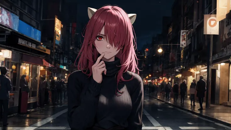 absurdres, [perfect shadows, masterpiece, attentive, high quality, detailed, extremely detailed, 4K, high definition, intricate, cinematic, 8k, ultra quality, 8K UHD,official art, illustration, 1girl, aged_up, solo, (waist up), looks at the viewer, <lora:LucyV1:0.8>, long hair, horns, red eye, pink hair, hair over one eye, closed mouth, emotionless, sweater, city, street, <lora:LowRA:0.4>, night, dark, shadow on face, cinematic scene, arms behind back