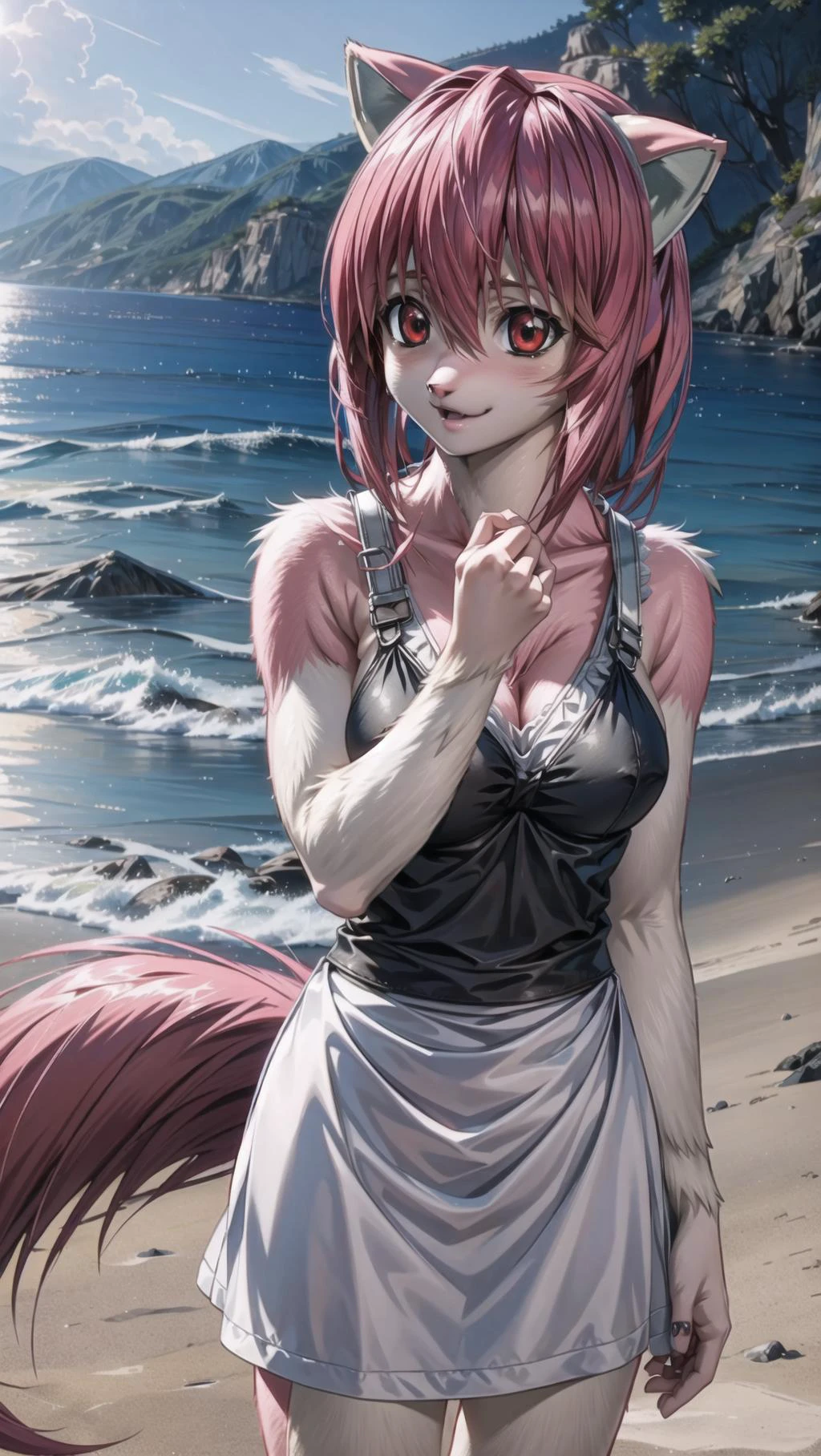 ((( lucy \(elfen lied\), , elfen lied, Furry Girl, body fur, pelt, ))), <lyco:Transform Characters into Furry Fox Girls:0.8> <lora:add_detail:0.2> <lora:LucyV1:1> BREAK,
red eyes, pink hair, short horns, BREAK,
on beach,, masterpiece, best quality, hyperrealistic, extremely detailed, highly quality, 4k, sharp focus, professional photograph, sharp focus, award winning, cinematic lighting, octane render, unreal engine, volumetrics dtx, Wallpaper,
