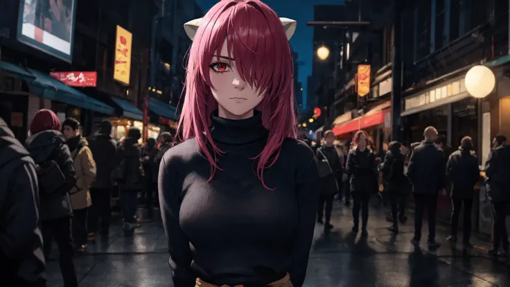 absurdres, [perfect shadows, masterpiece, attentive, high quality, detailed, extremely detailed, 4K, high definition, intricate, cinematic, 8k, ultra quality, 8K UHD,official art, illustration, 1girl, aged_up, solo, (waist up), looks at the viewer, <lora:LucyV1:0.8>,  long hair, horns, red eye, pink hair, hair over one eye, closed mouth, emotionless, sweater, city, street, <lora:LowRA:0.4>, night, dark, shadow on face, cinematic scene, arms behind back
