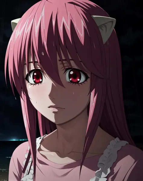 best quality, octane render, Lucy, red eyes, pink hair, white diclonious horns, on a beach at night, upper body, darkness, rain, long pink hair, insanely detailed eyes, wet hair, pretty face, sad, lost, <lora:ElfenLied3:.9> <lora:LowRA:.4> <lora:LucyV1:.5>