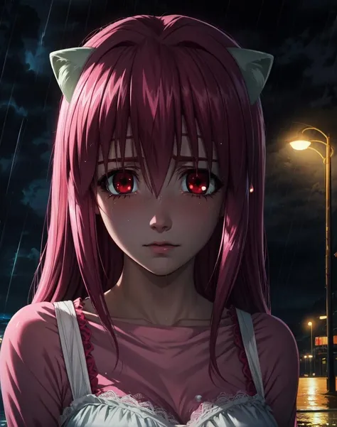 best quality, octane render, Lucy, red eyes, pink hair, white diclonious horns, on a beach at night, upper body, darkness, rain, long pink hair, insanely detailed eyes, wet hair, pretty face, sad, lost, <lora:ElfenLied3:.9> <lora:LowRA:.4> <lora:LucyV1:.5>