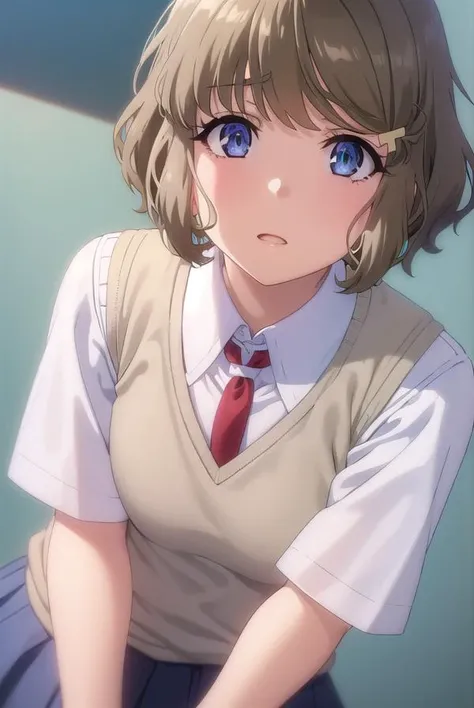 tomoekoga, <lora:tomoe koga s1-lora-nochekaiser:1>, 
tomoe koga, short hair, brown hair, blue eyes, hair clip,
BREAK skirt, shirt, school uniform, white shirt, short sleeves, pleated skirt, necktie, collared shirt, red necktie, sweater vest,
BREAK indoors, classroom,
BREAK looking at viewer, (cowboy shot:1.5),
BREAK <lyco:GoodHands-beta2:1>, (masterpiece:1.2), best quality, high resolution, unity 8k wallpaper, (illustration:0.8), (beautiful detailed eyes:1.6), extremely detailed face, perfect lighting, extremely detailed CG, (perfect hands, perfect anatomy),