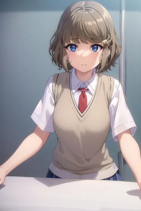 tomoekoga, <lora:tomoe koga s1-lora-nochekaiser:1>,
tomoe koga, short hair, brown hair, blue eyes, hair clip,
BREAK skirt, shirt, school uniform, white shirt, short sleeves, pleated skirt, necktie, collared shirt, red necktie, sweater vest,
BREAK indoors, classroom,
BREAK looking at viewer, (cowboy shot:1.5),
BREAK <lyco:GoodHands-beta2:1>, (masterpiece:1.2), best quality, high resolution, unity 8k wallpaper, (illustration:0.8), (beautiful detailed eyes:1.6), extremely detailed face, perfect lighting, extremely detailed CG, (perfect hands, perfect anatomy),