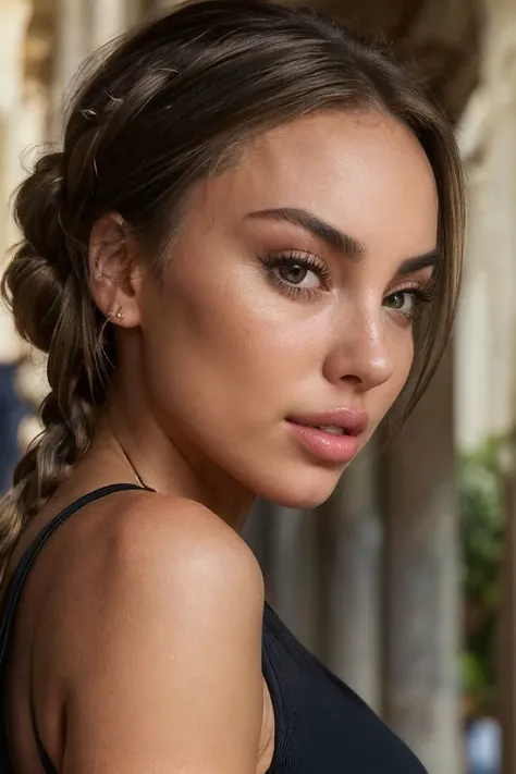 tanned ,(kneeling while looking up at the viever :2) ,(naked on bed whole body visible :2), Expressiveh, naked , slim beautiful lips , more distinct jawline , sexier more mature face , sexy ,tan,,free flowing long brown hair , 1 small single french braid going around har to other side , european features , sexy beautiful , v shaped jawline , (masterpiece ), (ultra realistic ), (photo realistic ), (hyperphotorealistic ), beautiful young french girl , 21 years old , white women , medium tan , v shaped jawline , collarbone visible , long brown hair with some hair dark brown ,1 french braid , , beautiful light brown eyes , sexy , hot , sensual , beautiful , sexy