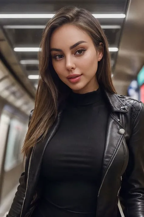 photo of S197_IvankaPeach,a stunning woman,in a (subway:1.1),wearing a (leather-jacket:1.1) and (leggings:1.1),(8k, RAW photo, best quality, depth of field, ultra high res:1.2),(absurdres, intricate, photorealistic, masterpiece, ultra-detailed:1.3),