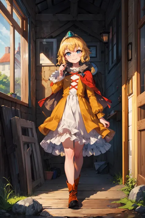 masterpiece,best quality,1girl,little princess,blonde,crown,cape,boots,blue eyes,(long dress),smile,wooden house,stone trail,<lora:Little_Princess:1>,