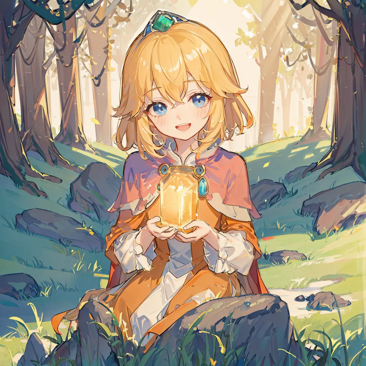 Volumetric Lighting, Best Shadows, Shallow Depth of Field, Portrait Of Stunningly Beautiful Girl,masterpiece, best quality, in flower field, , , (Highest Quality, Amazing Details:1.25), (Solo:1.3), ultra-detailed, illustration,forest,tree,sunlight, hair between eyes, little princess, looking at viewer,((1girl)), blush, boots,smile, open mouth,cowboy shot,upper body,sitting, sitting on stone,capelet,short hair, red cape, orange dress,blonde hair, short hair, :d, , gem, , orange dress,boots, blue eyes, bangs,, crown, <lora:Little_Princess-05:1>