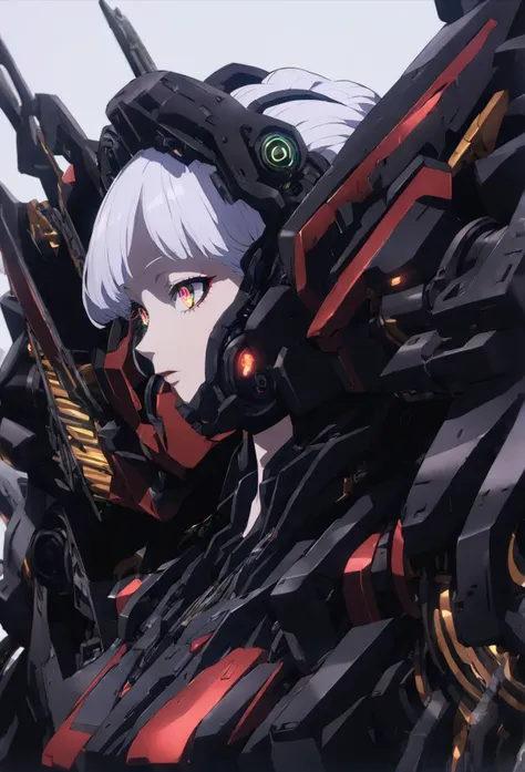 1girl, cyborg, menpo, upper body, portrait, black red body, iridescent shimmering hair,extremely detailed eyes and face, beautiful detailed eyes,colored eyes, (trimmed gear,In a futuristic weapons factory:1.2), niji, from side, upper body, hips,masterpiece,best quality,ultra detailed,<lora:add-detail-xl:1>, <lora:oshii:1>