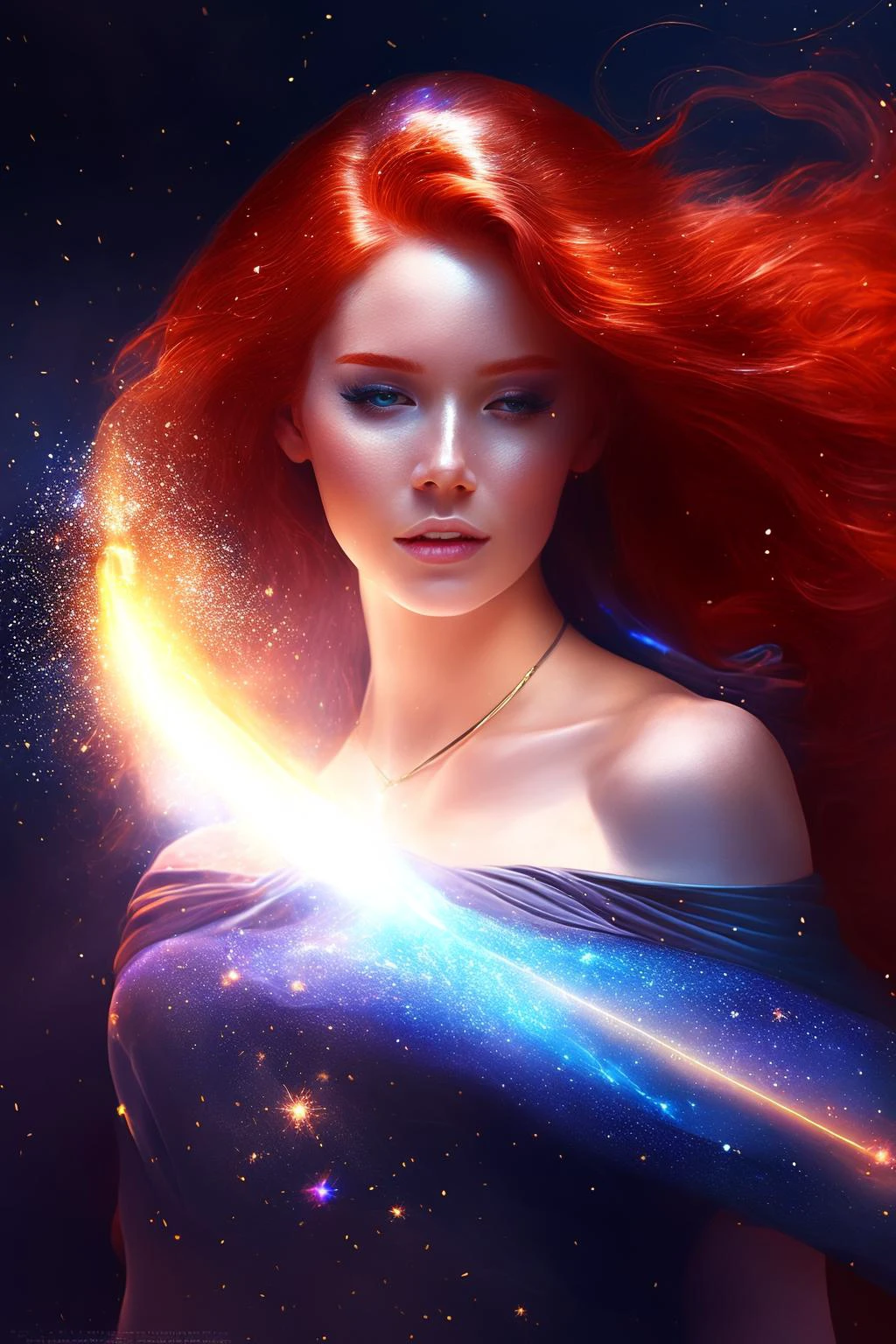 digital art, divine goddess, iridescent red hair, casting spell, magical light, cinematic, particles, painting