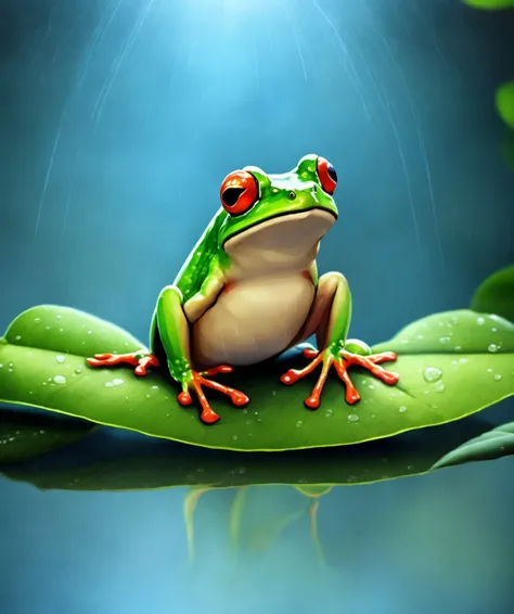 digital art of a frog sitting on a leaf, cute, adorable, rain, nature, scene