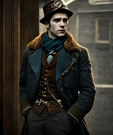 young man, steampunk, old fashioned, town, cold, moody