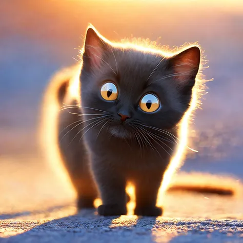 an adorable black kitten, big eyes, soft, fuzzy, cute, sunrise, light rays