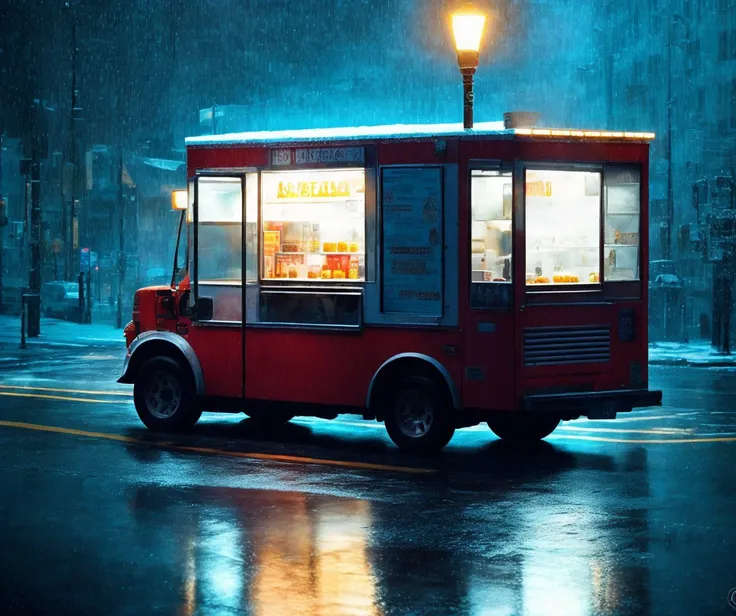 vehicle, ice cream truck, rain, streetlamp, cinematic