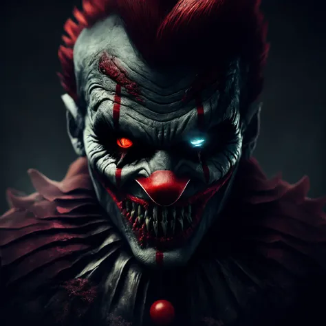 horror, creepy clown, sharp teeth, spooky, evil, blood, dark, moody, cinematic, portrait, half face