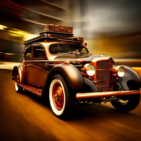 photograph, steampunk car, speed, blurred background, movement, detailed, intricate, copper, pipes, steampunk