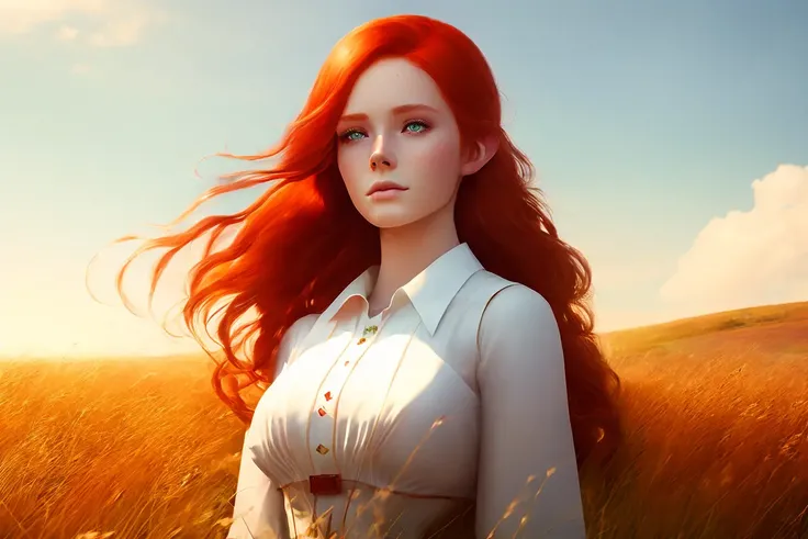 digital art, woman, red hair, field, white dress, freckles, beautiful, bright, calm, detailed pupils