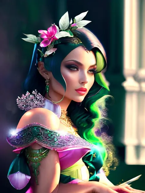 masterpiece, best quality, 8k, sharp focus, realistic, ((Detailed)), ((Dynamic pose)), ((Good Highlights)), (Perfect Proportions), (dynamic), ((dramatic)), (intricate), ((dramatic angle)), (complimentary colors), good perspective), (Professional), (Award winning), digital art, fantasy beautiful woman, green hair, pink flowers, sitting down, glowing headband