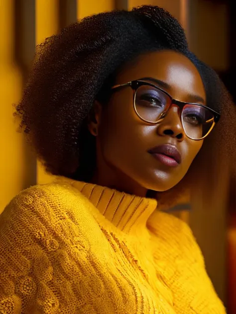 masterpiece, best quality, 8k, sharp focus, realistic, ((Detailed)), ((Dynamic pose)), ((Good Highlights)), (Perfect Proportions), (dynamic), ((dramatic)), (intricate), ((dramatic angle)), (complimentary colors), good perspective), (Professional), (Award winning), photograph, beautiful woman, african american, glasses, yellow sweater, portrait