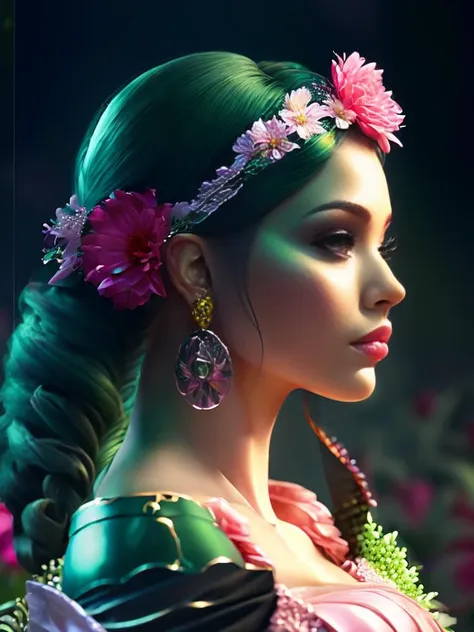 masterpiece, best quality, 8k, sharp focus, realistic, ((Detailed)), ((Dynamic pose)), ((Good Highlights)), (Perfect Proportions), (dynamic), ((dramatic)), (intricate), ((dramatic angle)), (complimentary colors), good perspective), (Professional), (Award winning), digital art, fantasy beautiful woman, green hair, pink flowers, sitting down, glowing headband