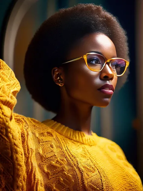 masterpiece, best quality, 8k, sharp focus, realistic, ((Detailed)), ((Dynamic pose)), ((Good Highlights)), (Perfect Proportions), (dynamic), ((dramatic)), (intricate), ((dramatic angle)), (complimentary colors), good perspective), (Professional), (Award winning), photograph, beautiful woman, african american, glasses, yellow sweater, portrait