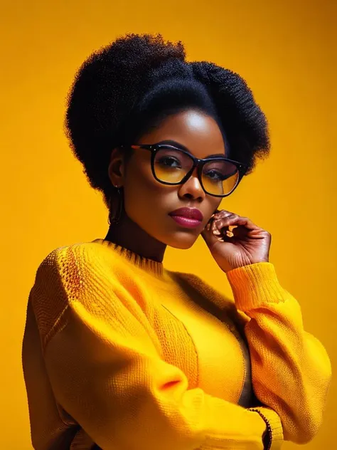 masterpiece, best quality, 8k, sharp focus, realistic, ((Detailed)), ((Dynamic pose)), ((Good Highlights)), (Perfect Proportions), (dynamic), ((dramatic)), (intricate), ((dramatic angle)), (complimentary colors), good perspective), (Professional), (Award winning), photograph, beautiful woman, african american, glasses, yellow sweater, portrait